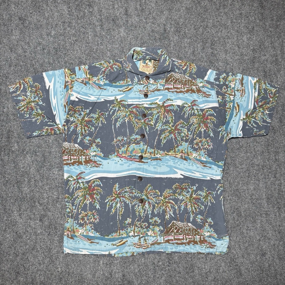Kahala John Severson Sz S Blue Palms Button Up Hawaiian Palms Island AOP Rayon